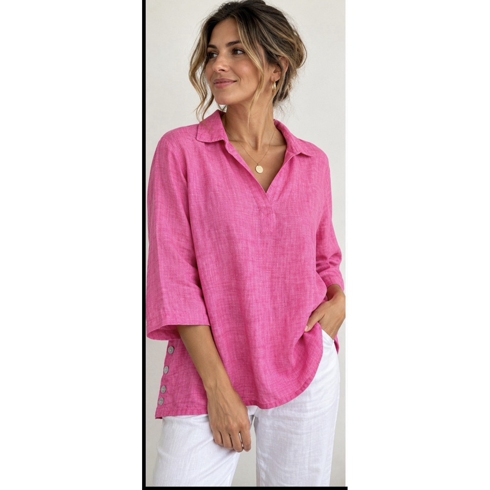 Tahari 100% Linen Popover Tunic Top Sz 2X Raspberry Pink Coastal Grandma Beachy